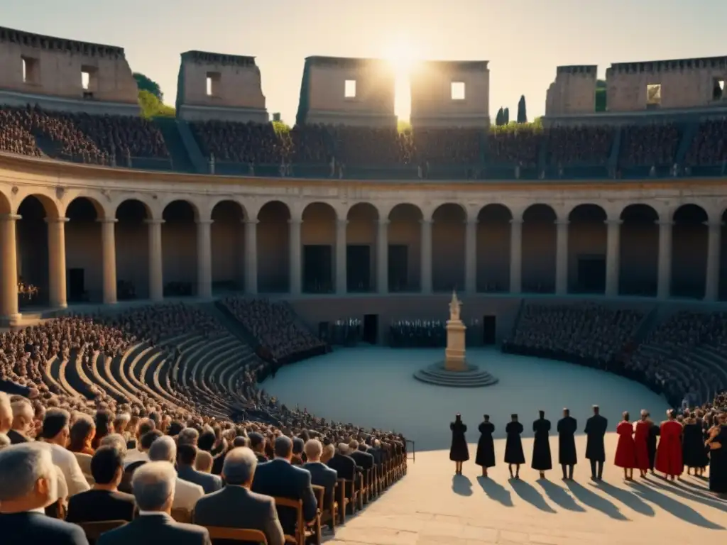 Una audiencia cautivada disfruta de una ópera italiana en un anfiteatro romano bañado por la luz dorada del atardecer