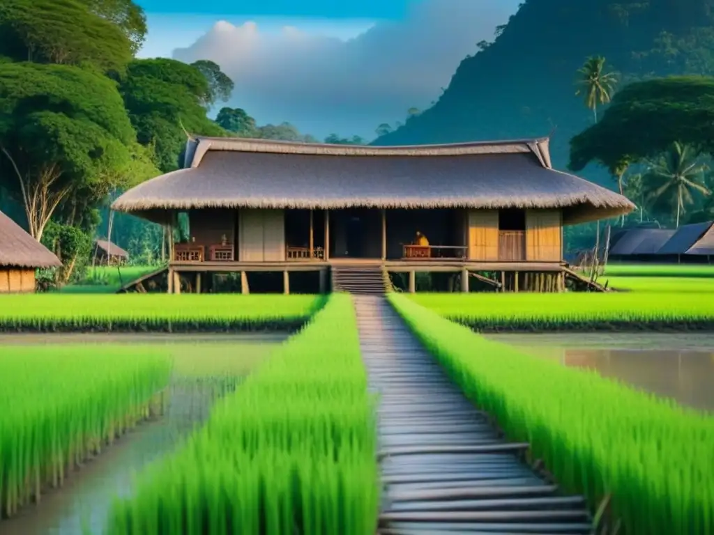 Tranquilo hogar camboyano entre arrozales verdes Homestay auténtica en Camboya entre arrozales verdes, puente de madera, techo de paja y lugareños