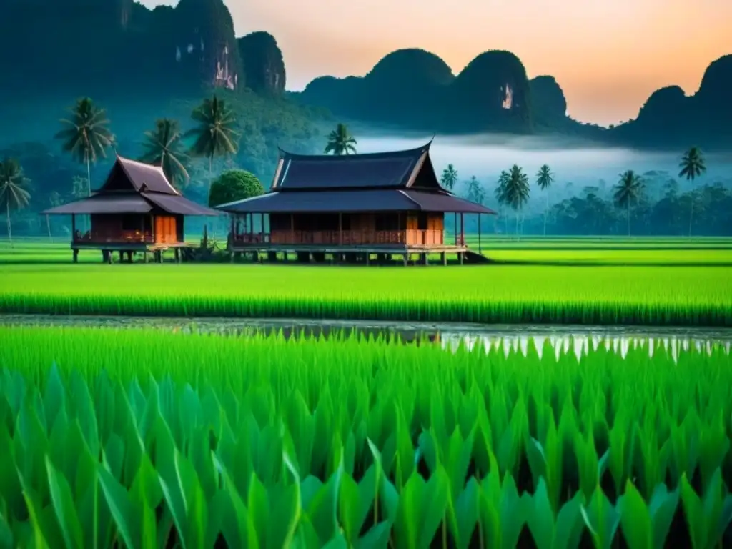 Homestay camboyano: tradición entre arrozales Homestay auténtica en Camboya: Casa tradicional entre campos de arroz, estanque de lotos al atardecer y montañas neblinosas al fondo