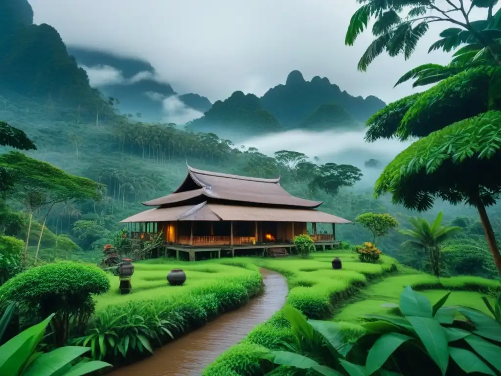 Homestay de madera en la jungla: detalle en 8k Homestay auténtica en la jungla del Sudeste Asiático, rodeada de exuberante vegetación y montañas misteriosas