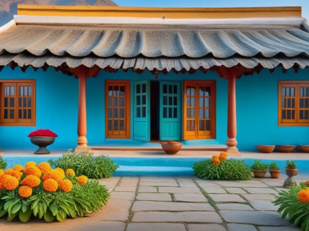 Homestay auténtica en India: patio tradicional con tallados de piedra, decoración Rajasthani y jardín con flores de caléndula, Himalayas al fondo