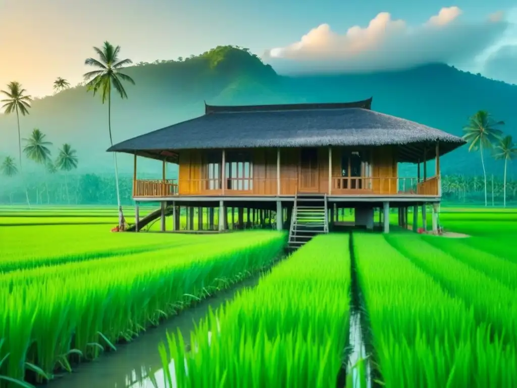 Refugio de madera en armonía con la naturaleza tropical Homestay auténtica en Sudeste Asiático: cabaña de madera tradicional en pilotes, rodeada de palmeras y arrozales verdes al amanecer