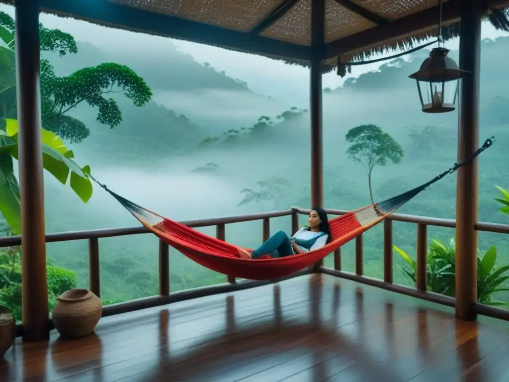 Homestay tradicional en la jungla: serenidad y autenticidad Homestay auténtica en Sudeste Asiático: refugio tranquilo en la jungla con hamaca y neblina suave