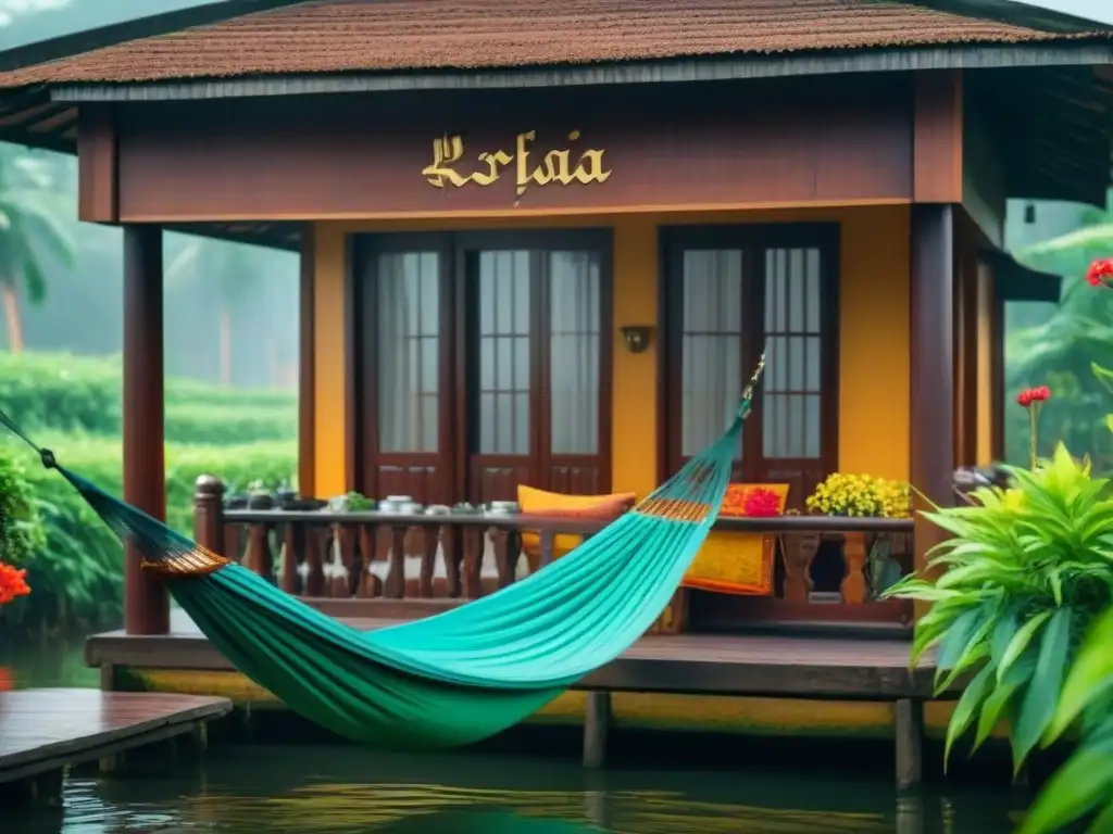 Homestay auténtico Kerala experiencia: Tradicional casa de madera con tallados rodeada de vegetación y flores vibrantes