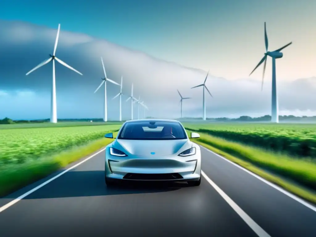 Un auto eléctrico moderno recorre un paisaje verde con molinos de viento, representando opciones de transporte ecoamigable para reducir la huella