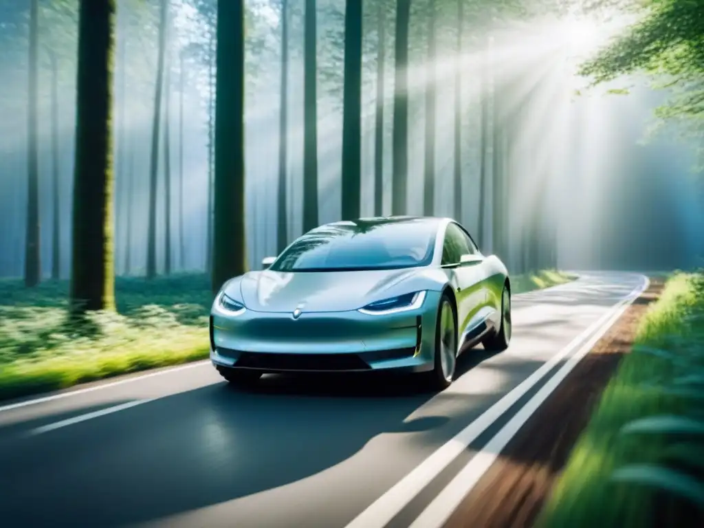 Automóvil eléctrico en bosque verde, reflejando luz del sol