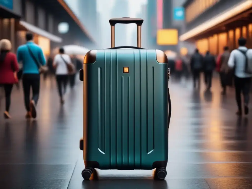 Maleta inteligente de alta tecnología en la ciudad multicultural Un avanzado maletín inteligente en una bulliciosa calle urbana, rodeado de viajeros diversos
