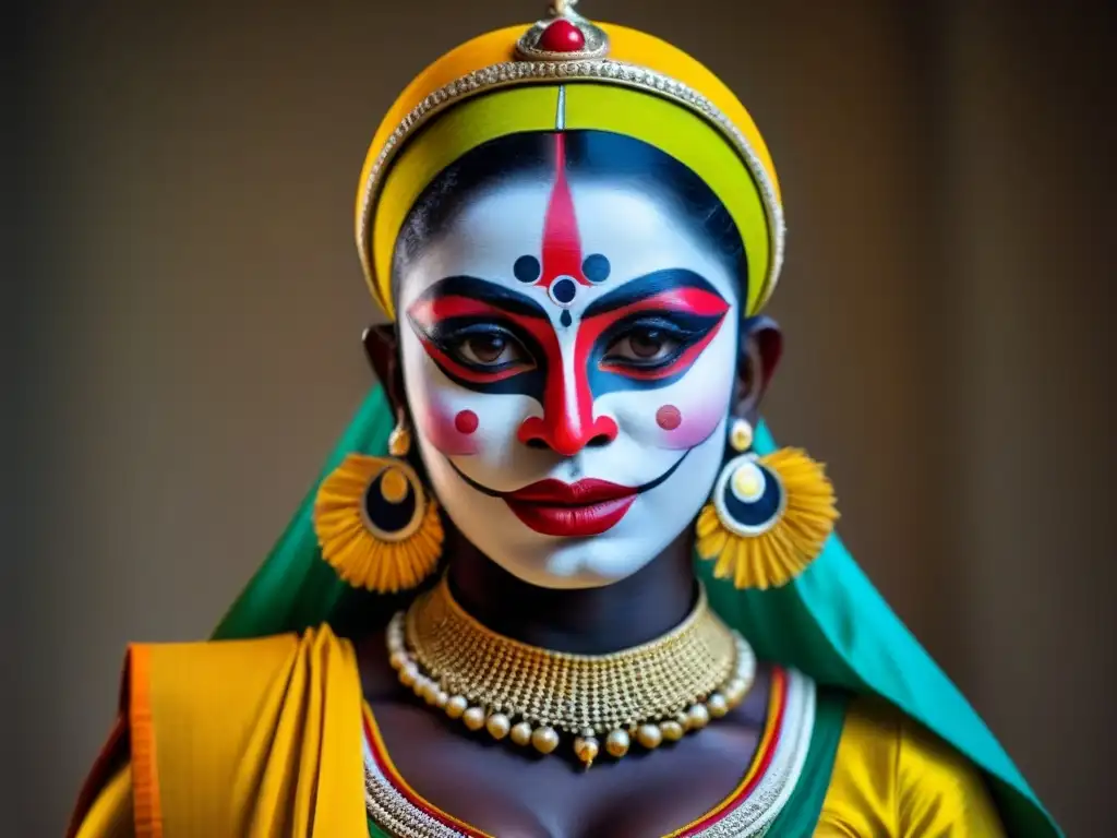 Vibrante danza Kathakali: detalle 8k Un bailarín de Kathakali con expresiones artísticas tradicionales transformadoras