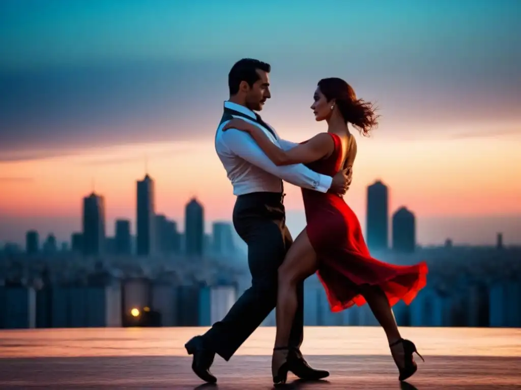 Dos bailarines de tango apasionados en silueta, danzando en armonía frente al atardecer de Buenos Aires