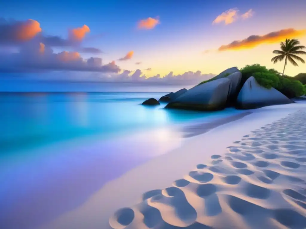 Paraíso secreto: playa deslumbrante con palmera solitaria al atardecer Descubre la belleza de una isla secreta con playa paradisíaca y exuberante vegetación