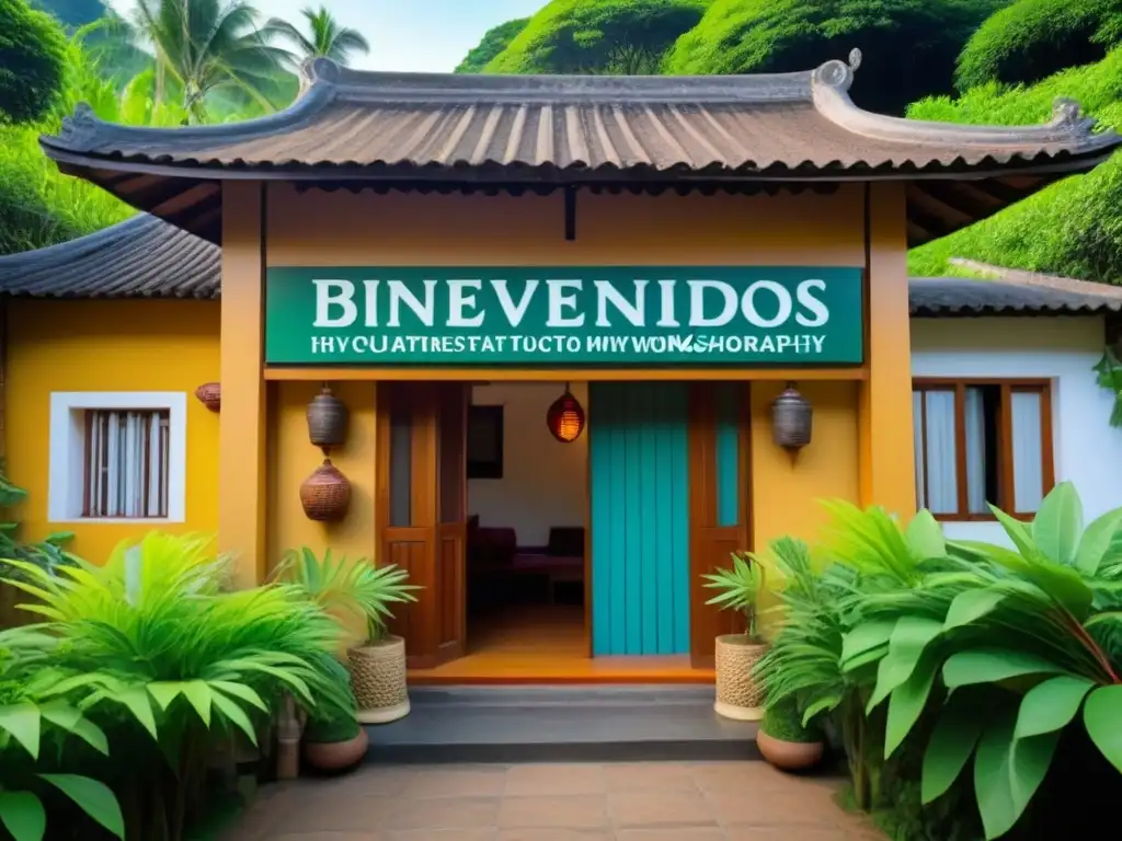 Experiencia cultural en homestay: Bienvenidos a la serenidad verde Un rincón de bienvenida en un homestay cultural, con decoraciones coloridas y la palabra 'Bienvenidos'