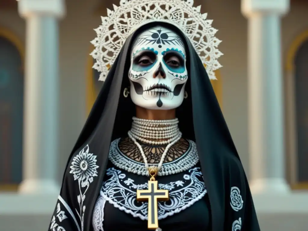 Ilustración en blanco y negro de la Santa Muerte en México, rodeada de patrones