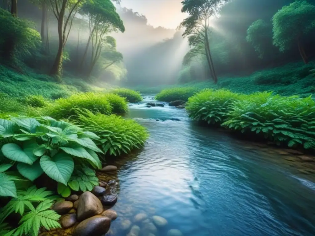 Un bosque exuberante con luz solar filtrando entre las hojas y un arroyo sereno