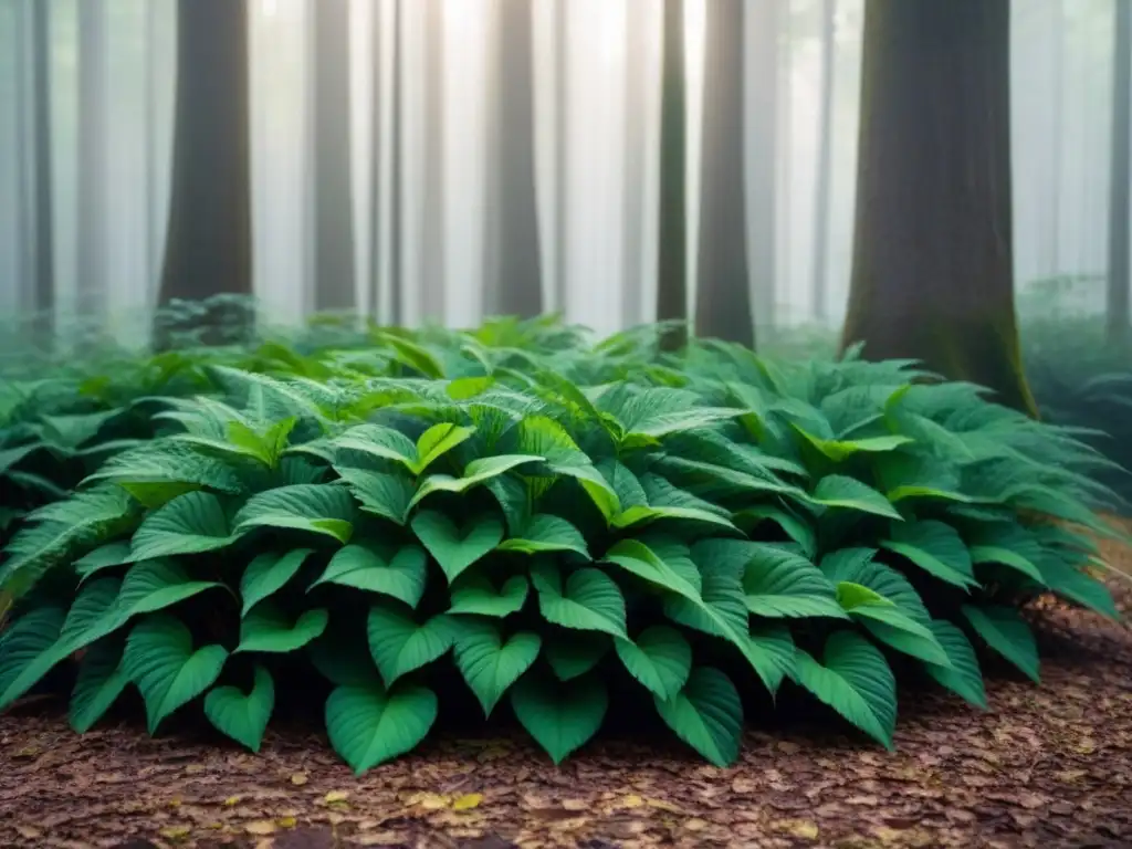 Un bosque exuberante y sereno con luz solar filtrándose entre las hojas, creando sombras moteadas en el suelo del bosque