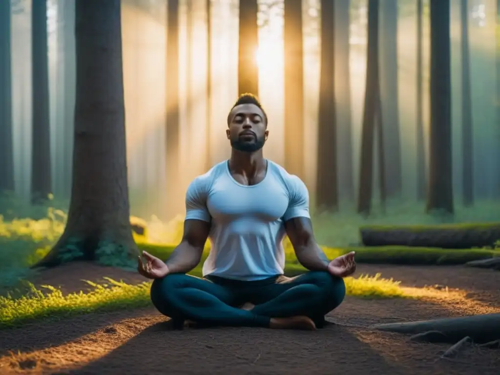 Figura meditando en un bosque tranquilo y soleado, capturando la relación entre creencias y arte