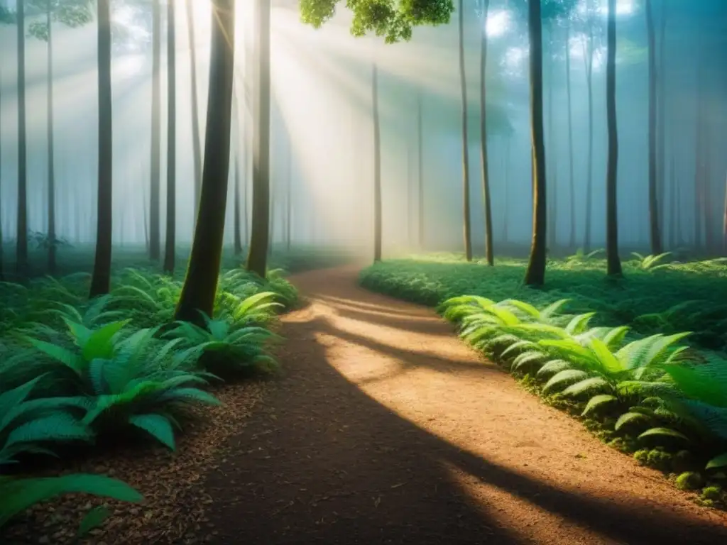 Un bosque verde exuberante con luz solar filtrándose entre las hojas, creando sombras moteadas en el suelo del bosque