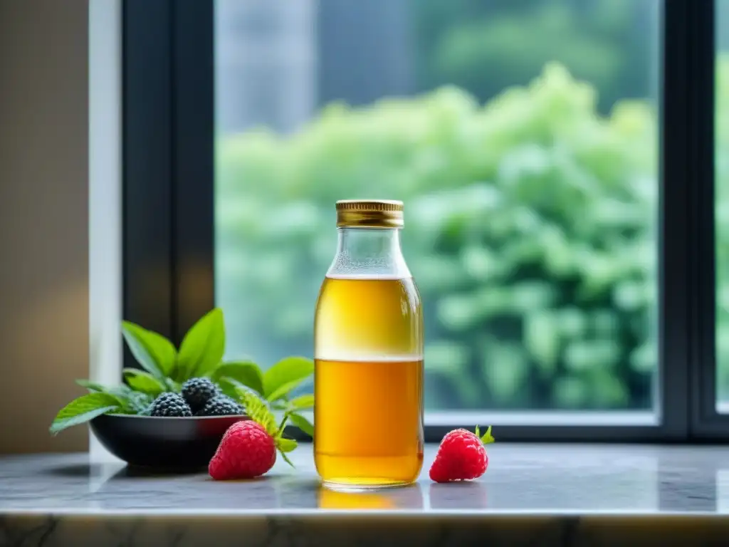 Una botella de kombucha dorada rodeada de hojas verdes y bayas frescas en un elegante mostrador de mármol blanco