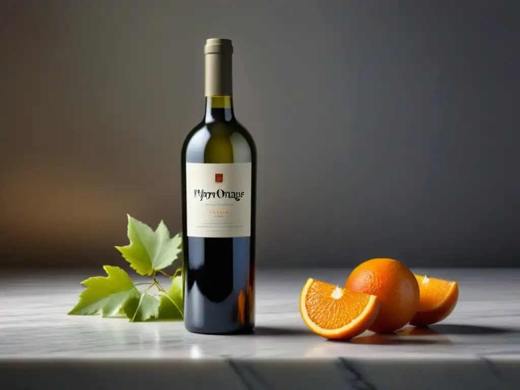 Una botella de vino naranja en un elegante entorno minimalista con rodajas de naranja y hojas verdes