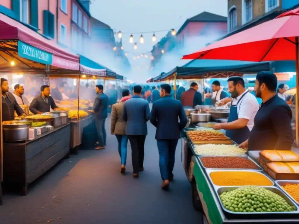 Una bulliciosa escena de mercado callejero con variedad de puestos de comida coloridos y vendedores, clientes y conversaciones animadas