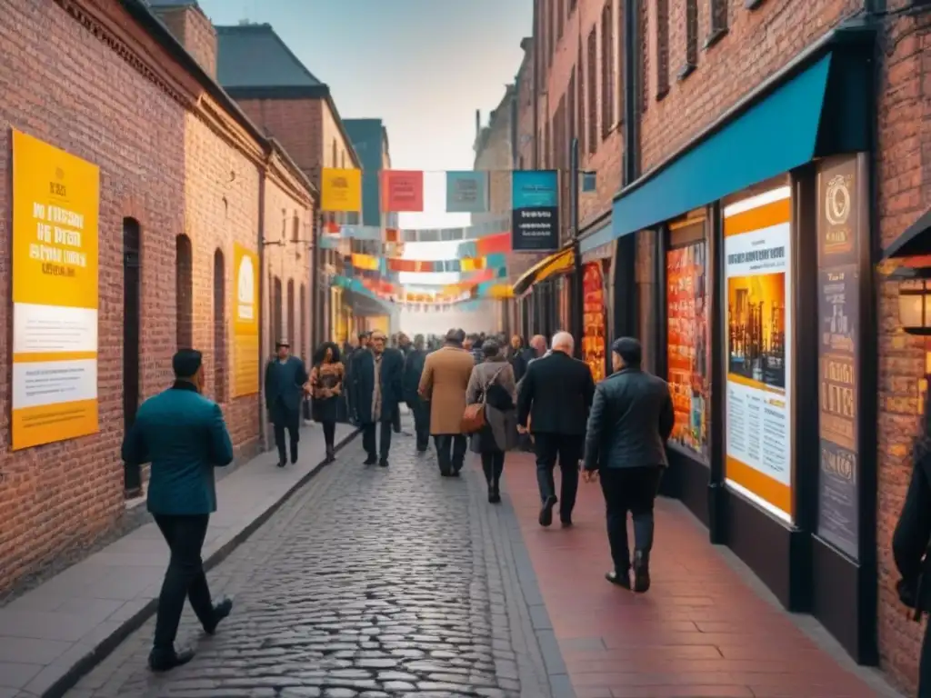 Calles vibrantes: Celebración de la diversidad en comunidad Un bullicioso y colorido vecindario donde personas de diversas edades y etnias caminan frente a carteles de eventos