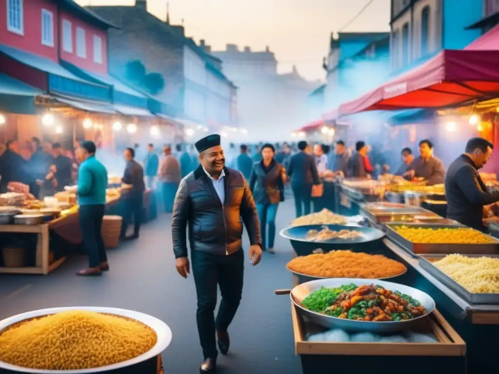 Un bullicioso mercado callejero lleno de coloridas paradas de comida y familias compartiendo platos de todo el mundo