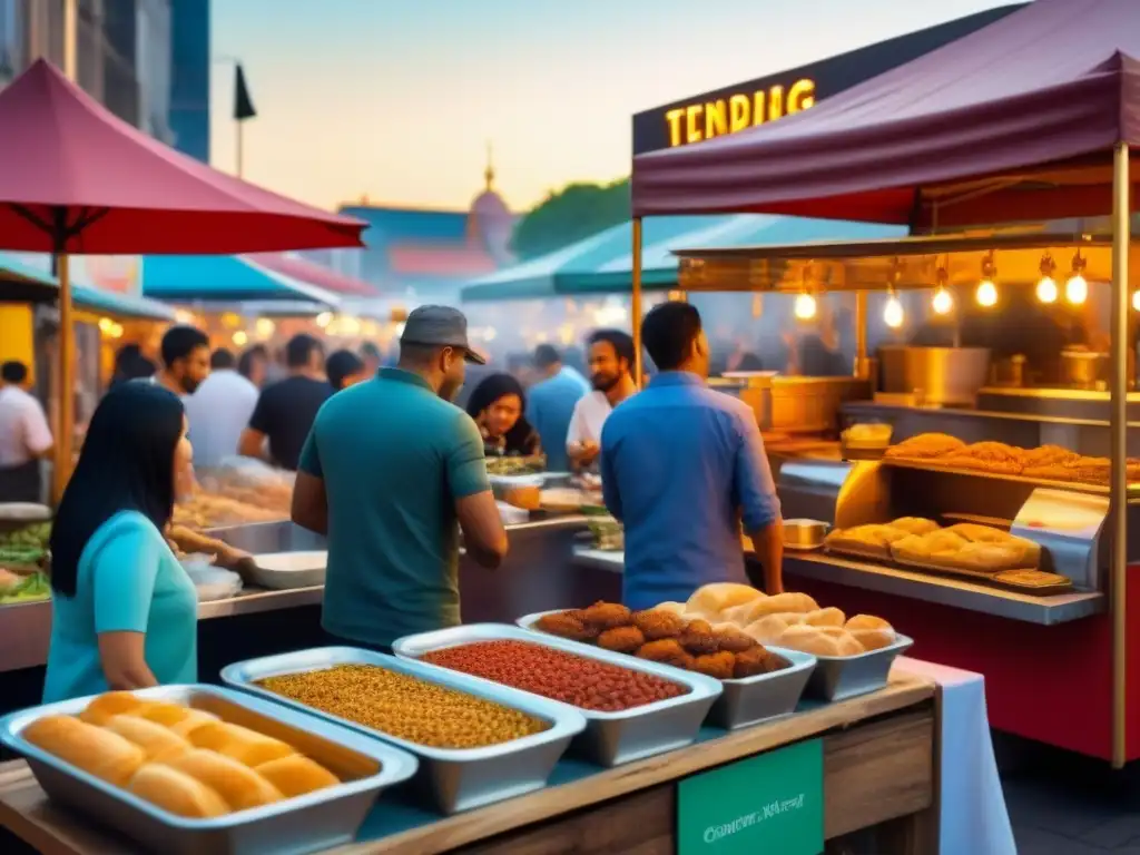 Un bullicioso mercado de comida callejera gourmet con experiencias culturales, bajo un cálido atardecer