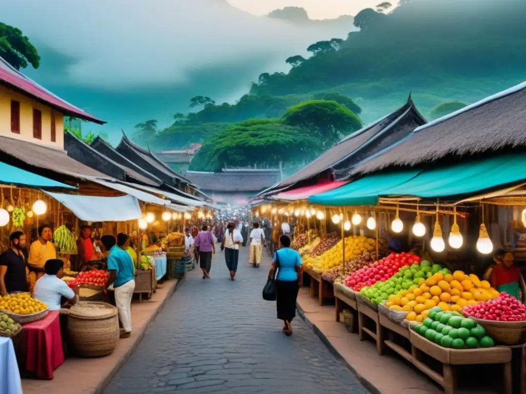 Un bullicioso mercado con frutas coloridas, artesanías y textiles tradicionales