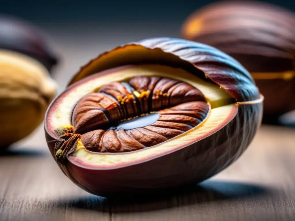 Un cacao abierto en detalle, revelando sus patrones y texturas, iluminado suavemente