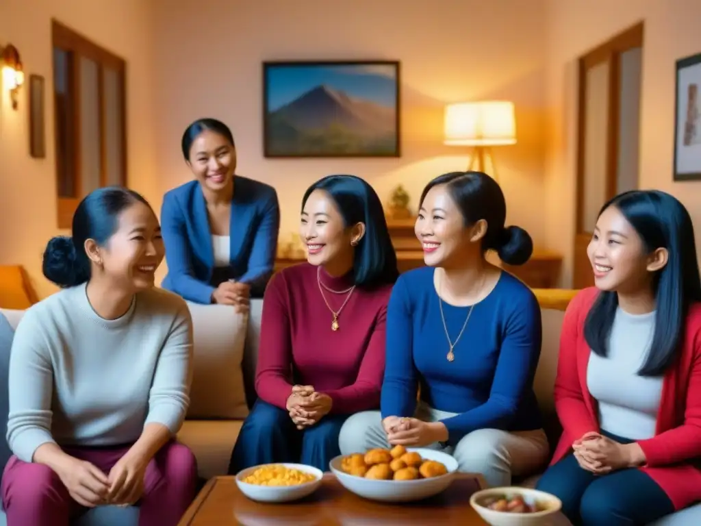 Intercambio cultural en hogar acogedor: sonrisas y diversidad Una cálida escena de intercambio cultural en un hogar, con una diversa familia sonriente y detalles acogedores