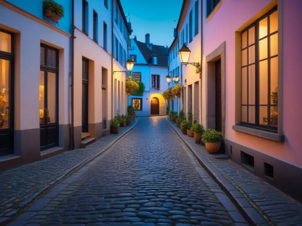 Una calle empedrada en una ciudad europea de noche, iluminada por farolas cálidas