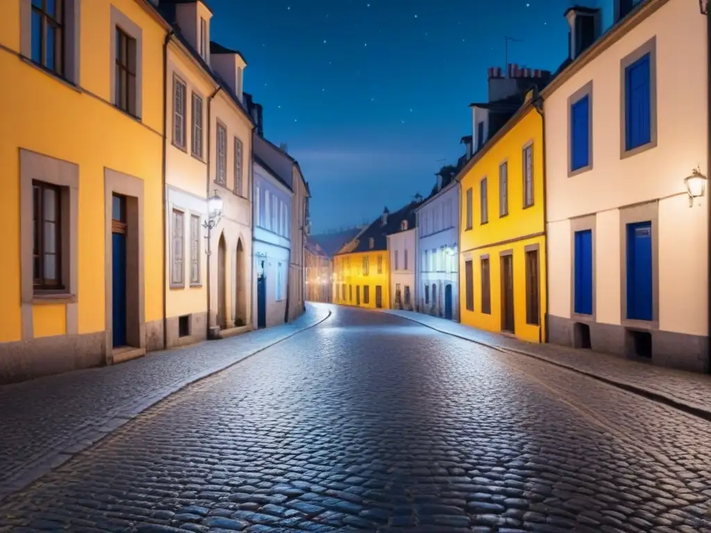 Un callejón empedrado de una ciudad europea, iluminado por faroles cálidos en la noche