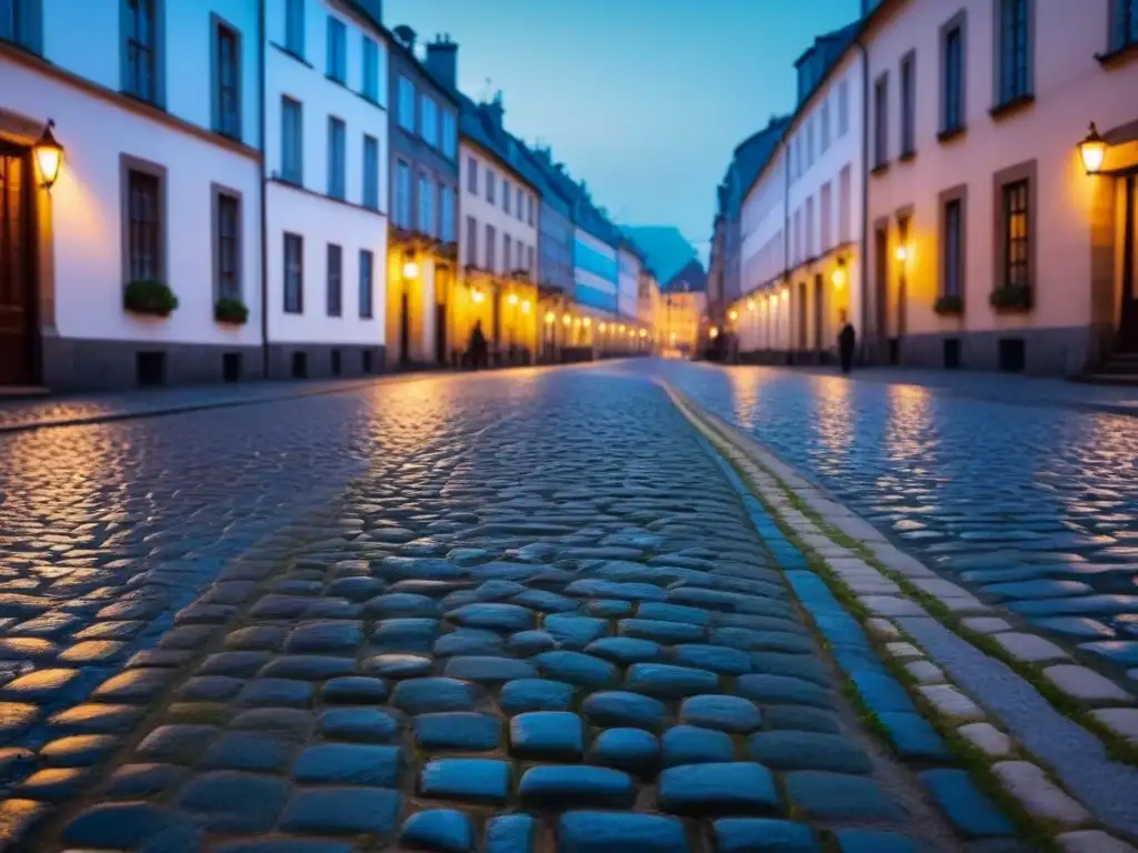 Un callejón empedrado de una ciudad europea iluminado por farolas antiguas, creando un ambiente misterioso