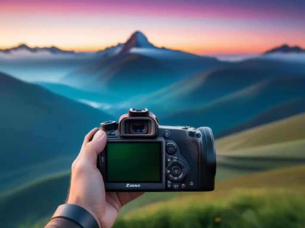 Una cámara digital capturando un atardecer sobre montañas, reflejando colores vibrantes en su lente