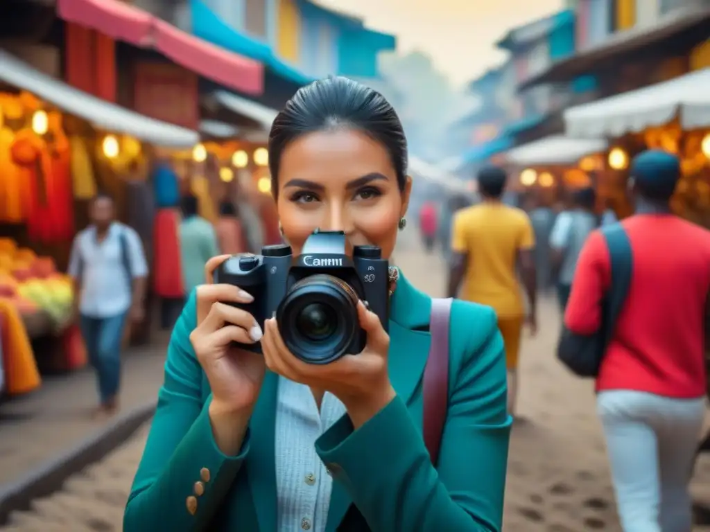 La fotografía muestra una cámara digital capturando un momento auténtico de un viajero en un mercado vibrante