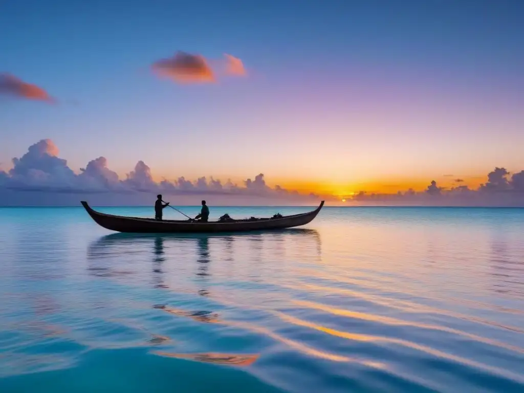 Paz y autenticidad: atardecer en Kiribati con canoa tradicional Canoa tradicional en atardecer sereno sobre aguas cristalinas en Kiribati, con experiencia cultural auténtica