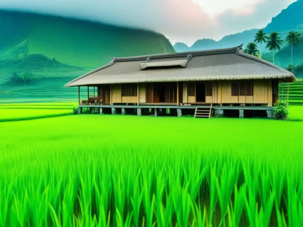 Homestay tradicional en Vietnam: serenidad entre arrozales Una casa tradicional de madera en medio de verdes arrozales en Vietnam