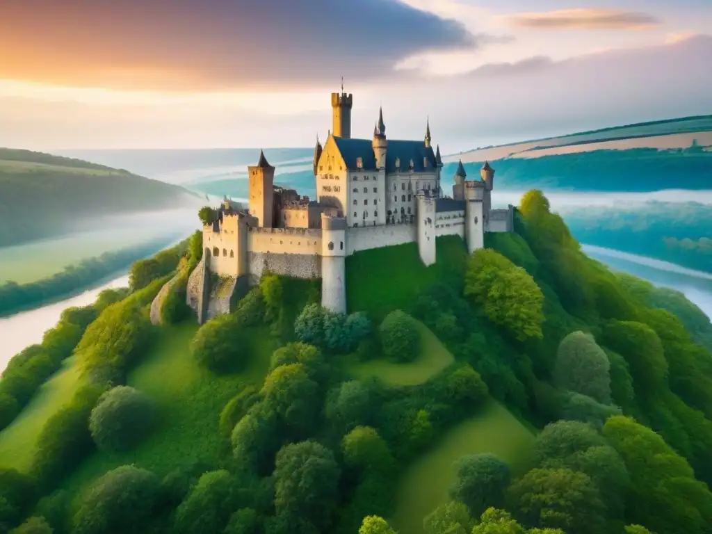 Un castillo medieval majestuoso en una colina verde rodeado de un bosque vibrante y un río serpenteante