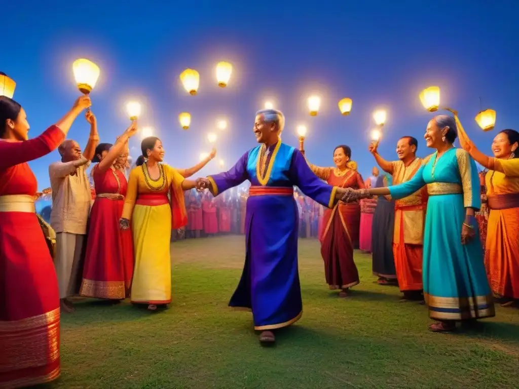 Celebración multicultural: personas de todas las edades y culturas danzan unidas bajo un cielo estrellado en un festival