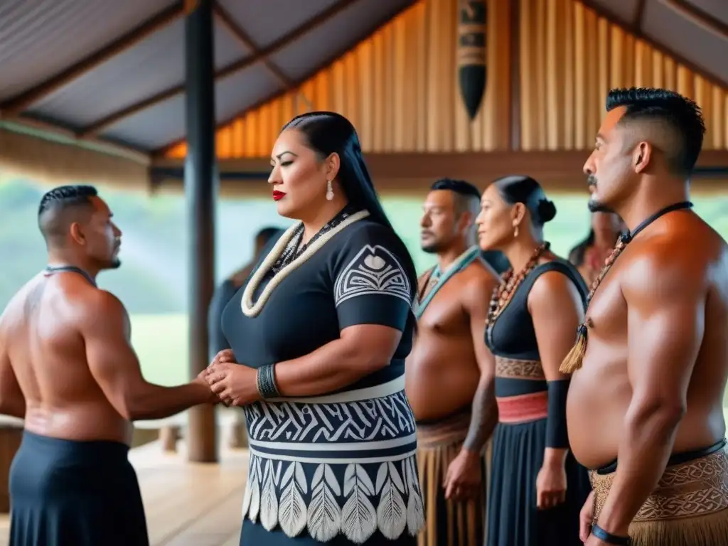 Emotiva ceremonia Maorí: hongi en marae tradicional Una ceremonia de bienvenida en homestays con un hongi maorí en un marae decorado