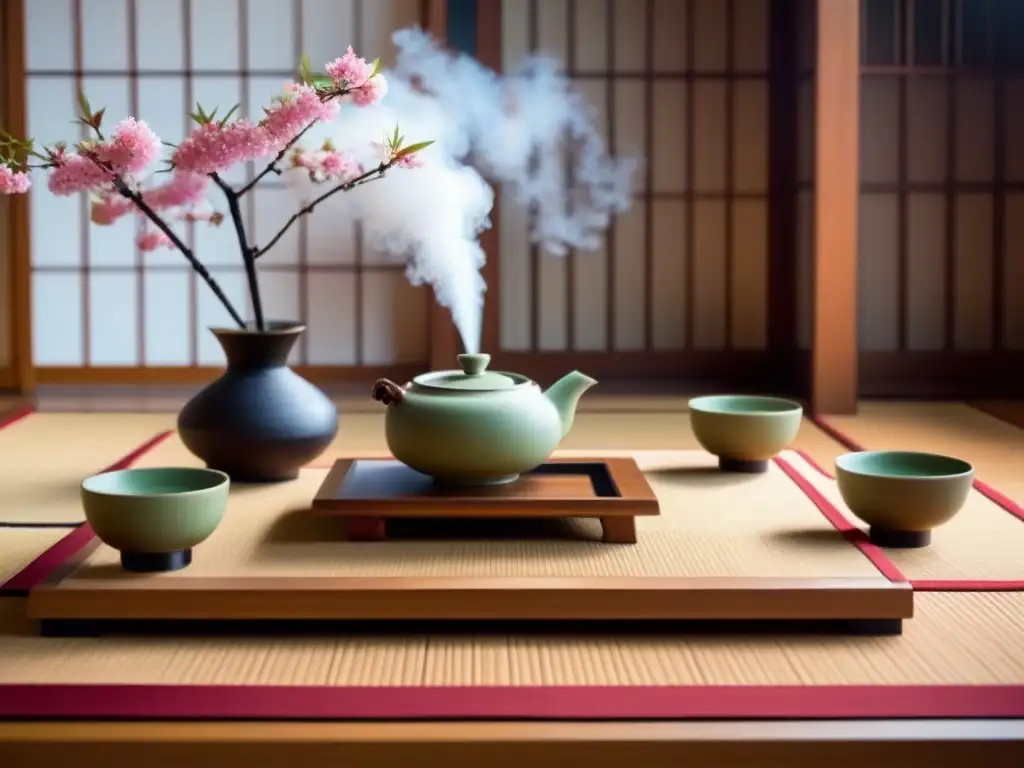 Armoniosa ceremonia del té japonés con geisha y flores de cerezo Ceremonia del té en Japón: Geisha sirviendo té verde en una habitación minimalista con cerezos en flor