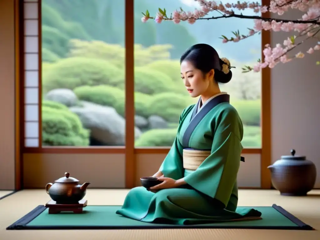 Exquisita ceremonia del té japonés en un entorno sereno y elegante Una ceremonia del té japonesa lujosa y serena, con kimono y sakuras en una habitación de tatami