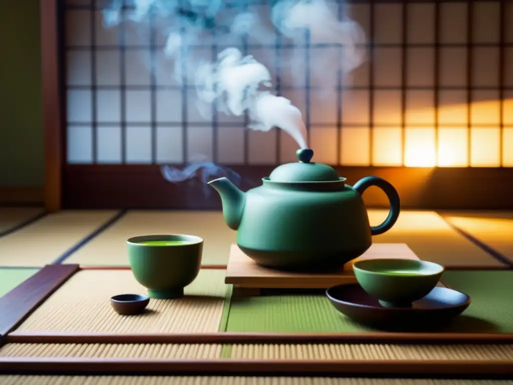 Una ceremonia del té japonesa en una sala serena con juego de té, tetera humeante y polvo matcha