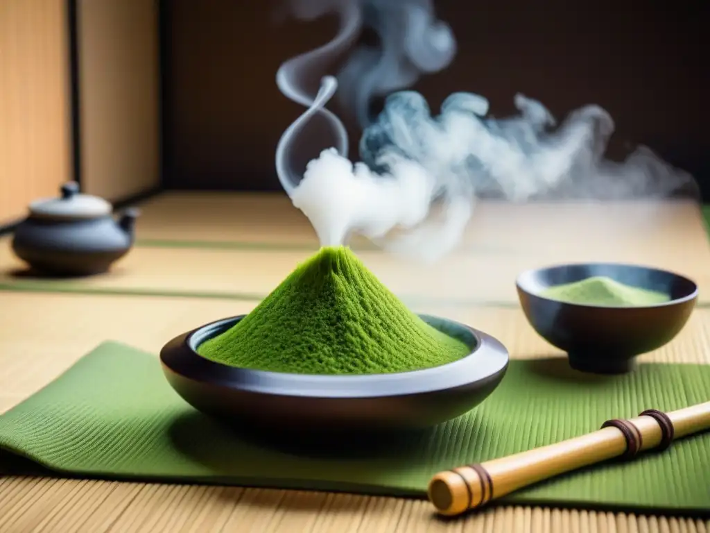 Exquisita ceremonia del té japonés: belleza y serenidad en cada detalle Una ceremonia del té japonesa tradicional en un ambiente sereno con utensilios de té matcha
