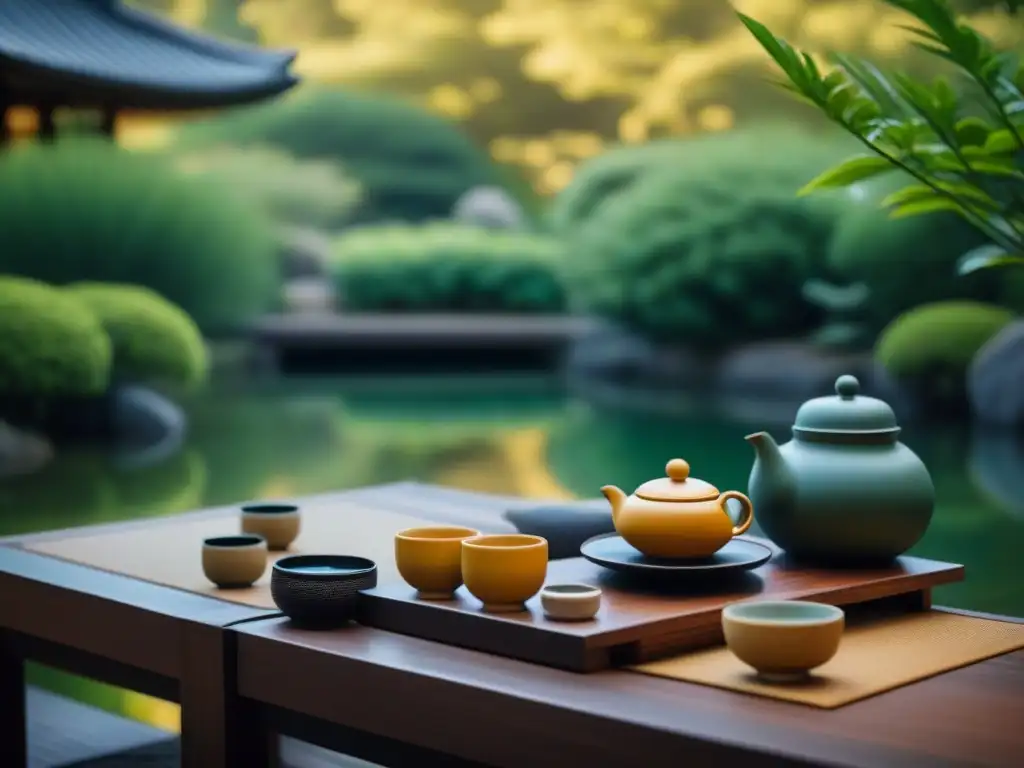 Una ceremonia de té japonesa en un jardín tranquilo, reflejando serenidad y cultura