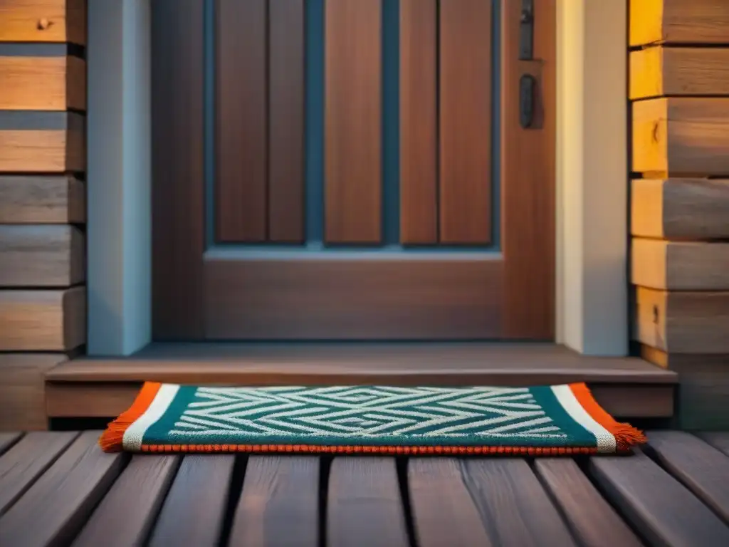 Ceremonias de bienvenida en homestays: Alfombra artesanal tejida a mano en la entrada de una cálida casa de campo al atardecer