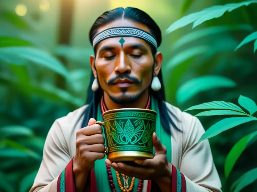 Un chamán en la selva amazónica con una copa de ayahuasca, rodeado de exuberante vegetación