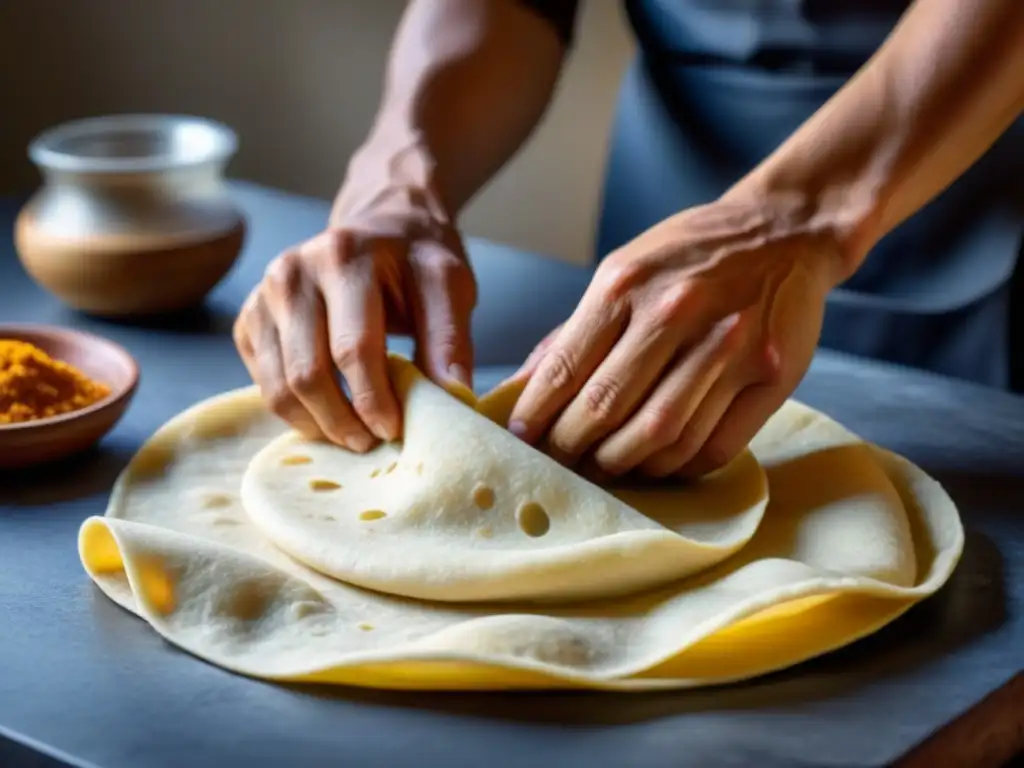 Chef experto amasando tortillas a mano, resaltando la cocina como resistencia cultural