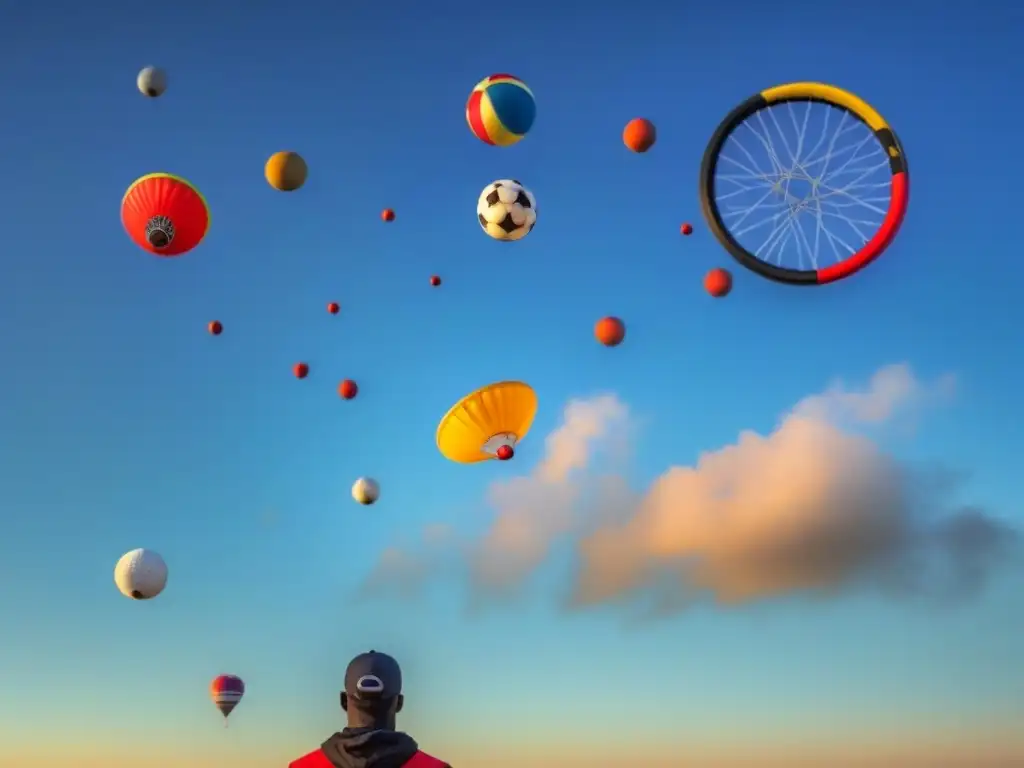 Un cielo vibrante con frisbees y símbolos culturales, fusionando deporte y experiencias interculturales en homestays