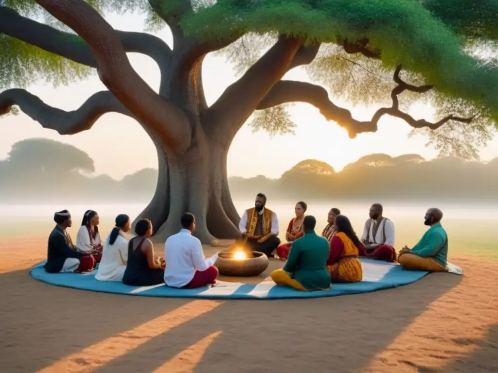 Un círculo de diversidad cultural bajo un árbol ancestral, en armonía