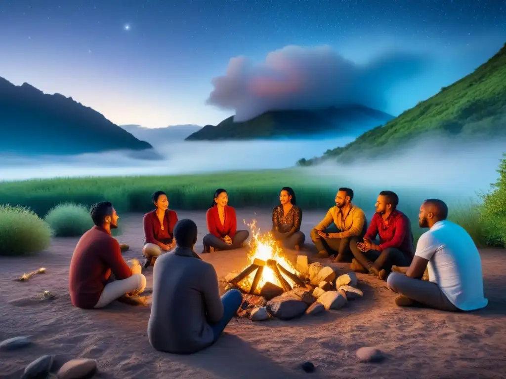 Relatos alrededor del fuego: diversidad y asombro en la noche estrellada Un círculo diverso escucha atento a un anciano contar historias alrededor de una fogata en la noche estrellada
